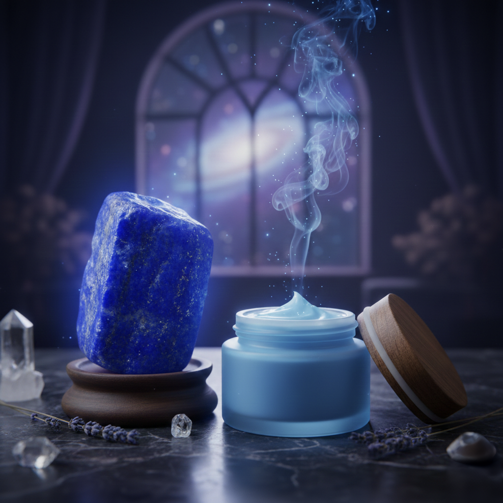 Bloc de Lapis-Lazuli naturel bleu profond posé près d'un soin lithocosmétique français — lithothérapie, bienfaits peau et mental, soins naturels Mon Soin Bien-Être.