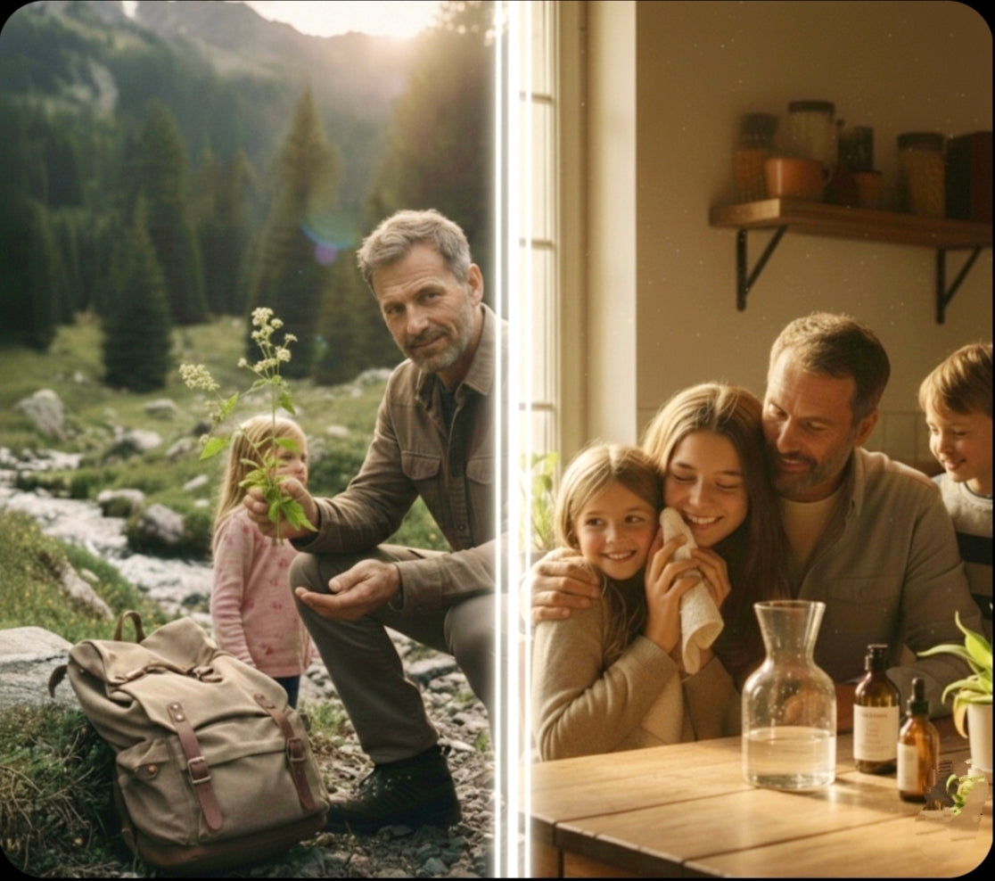 Un homme entre nature et famille, symbole de la philosophie Mon Soin Bien-Être : du terrain au foyer, protéger les siens avec le meilleur du naturel.