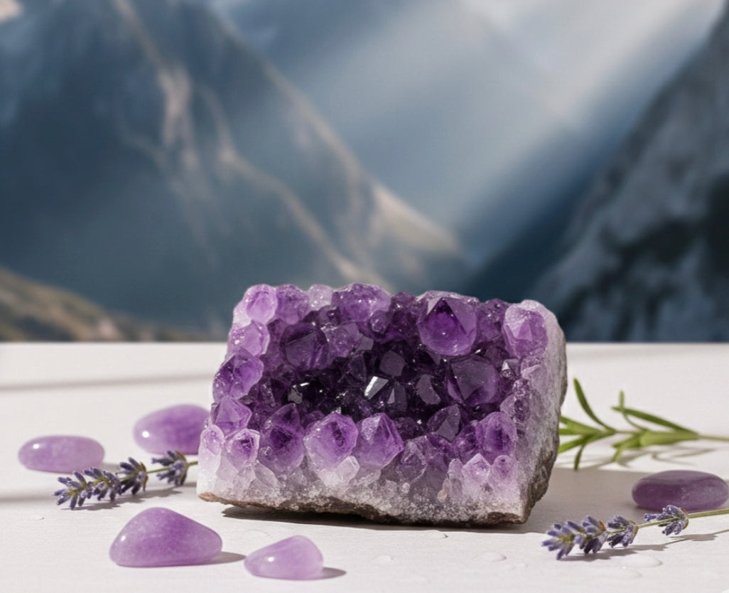 Géode d'améthyste naturelle violette entourée de pierres roulées et de lavande fraîche — lithothérapie, bienfaits peau et mental, soins naturels Mon Soin Bien-Être.