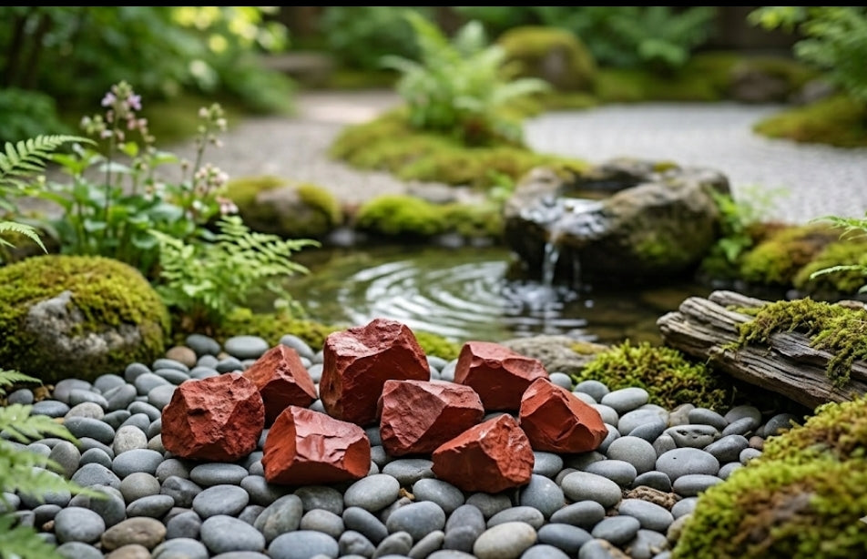 Blocs de Jaspe Rouge naturel brut disposés sur des galets dans un jardin zen japonais avec cascade — lithothérapie ancrage force et vitalité Mon Soin Bien-Être.