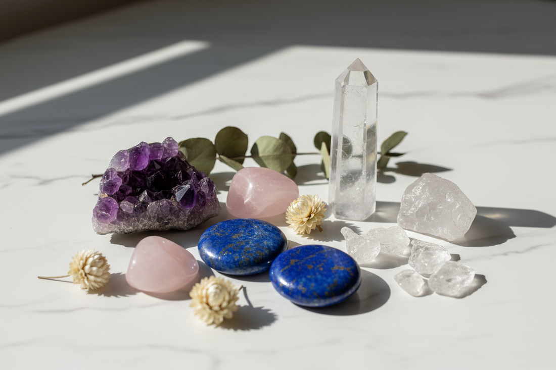 Pierres naturelles améthyste quartz rose lapis-lazuli cristal de roche — guide purification et rechargement lithothérapie Mon Soin Bien-Être